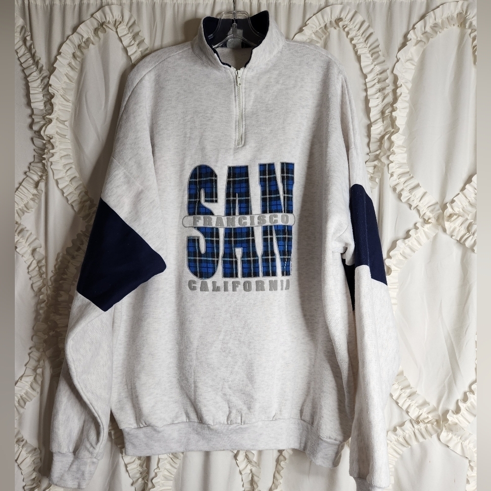 Vintage 90s Quarter Zip Preppy Plaid San Francisco Sweater Sz XXL Oversized